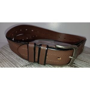 NO BRAND: Brown Leather Belt, Silver Buckle and Top Stitching, Men's Size 52-54